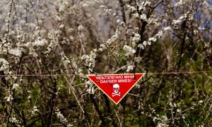 A sign warning of landmines in Ukraine.