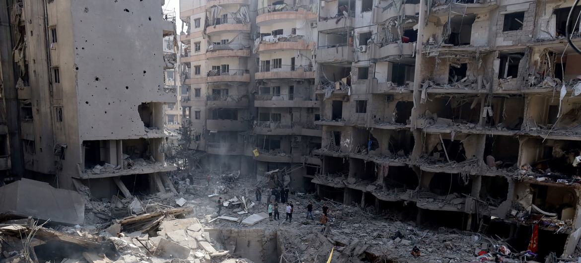 A suburb of southern Beirut lies in ruins after being targeted by airstrikes.