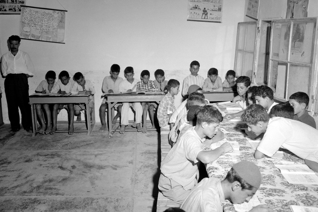 Children attend class at an UNRWA-supported school in the Gaza Strip in 1954. (file)