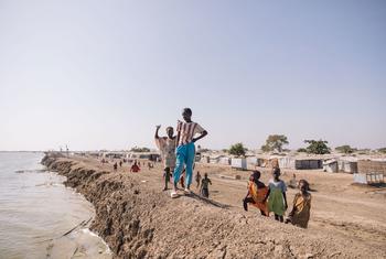 在南苏丹的一座流离失所者营地里，孩子们站在堤坝边。