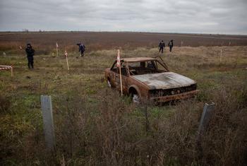Deminers clear a previously occupied area near the front line between Mykolaiv and Kherson in southern Ukraine.