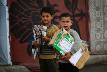 Niños de Gaza recogen cartón para encender fuego para cocinar.