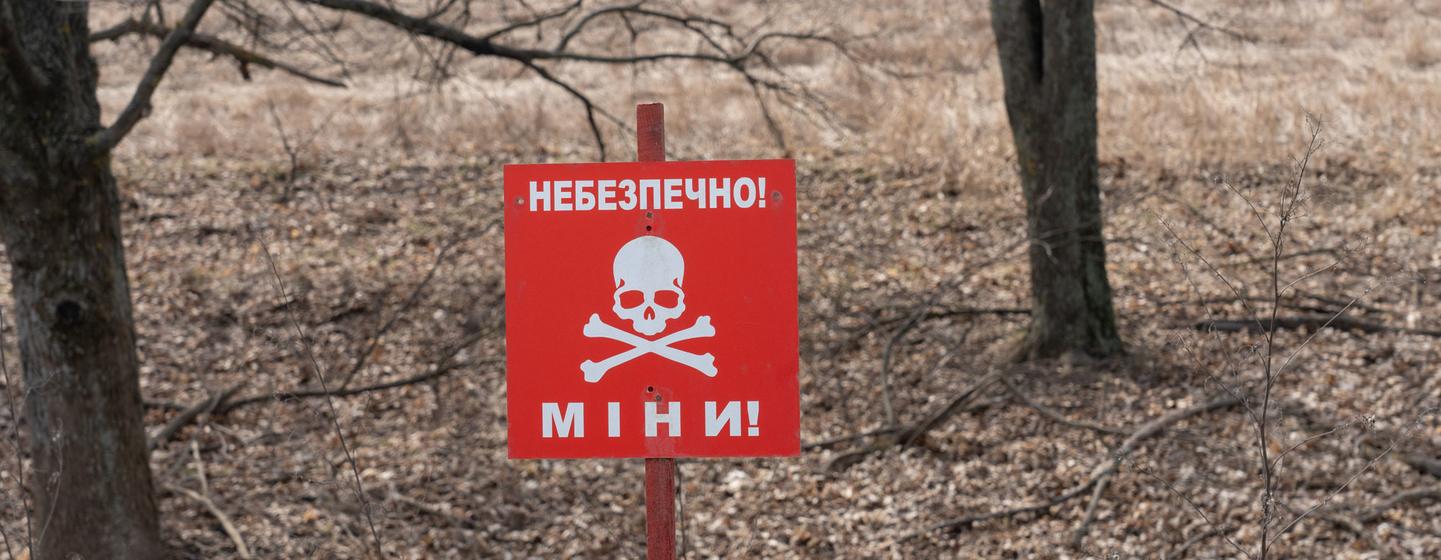 Un panneau avertissant de la présence de mines à Lyman, en Ukraine.