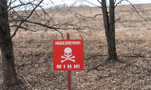 A mine warning sign in Lyman, Ukraine. 