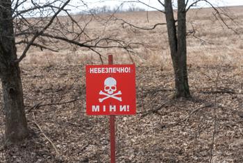 A mine warning sign in Lyman, Ukraine. 