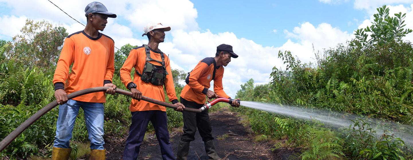 Relawan pemadam kebakaran menjaga lahan gambut tetap lembab untuk meminimalkan kerusakan jika terjadi kebakaran.