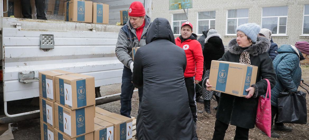 Food is distributed to residents of Balakliy in northeastern Ukraine.