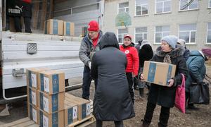 Food is distributed to residents of Balakliy in northeastern Ukraine.