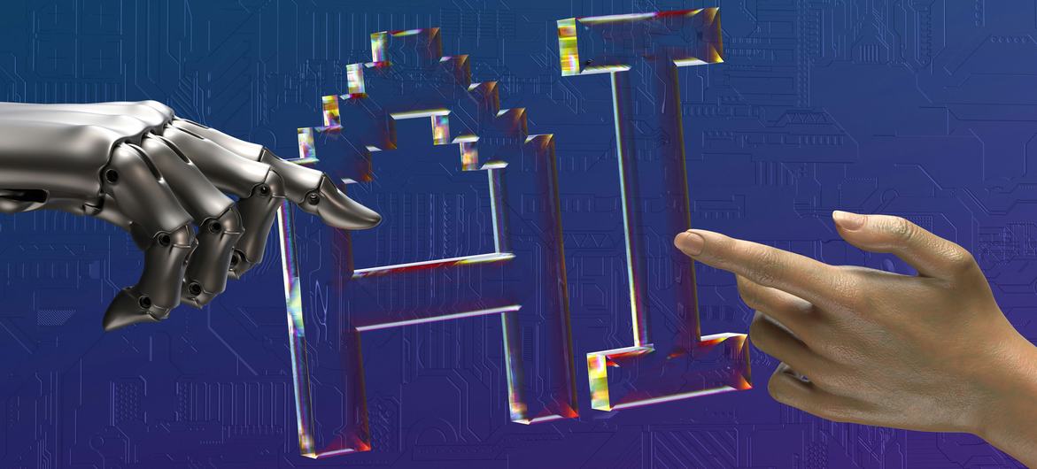 一只金属质感的机械手和一只人手互相伸向对方，中间是“AI”字样，背景是蓝色的电路板。