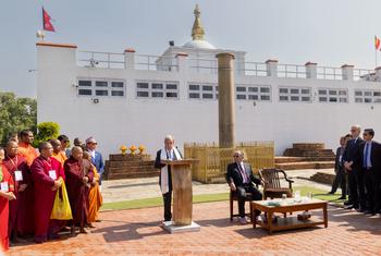 Secretary-General António Guterres speaks outside the Mayadevi Temple, the birthplace of Lord Buddha, in Lumbini, Nepal.