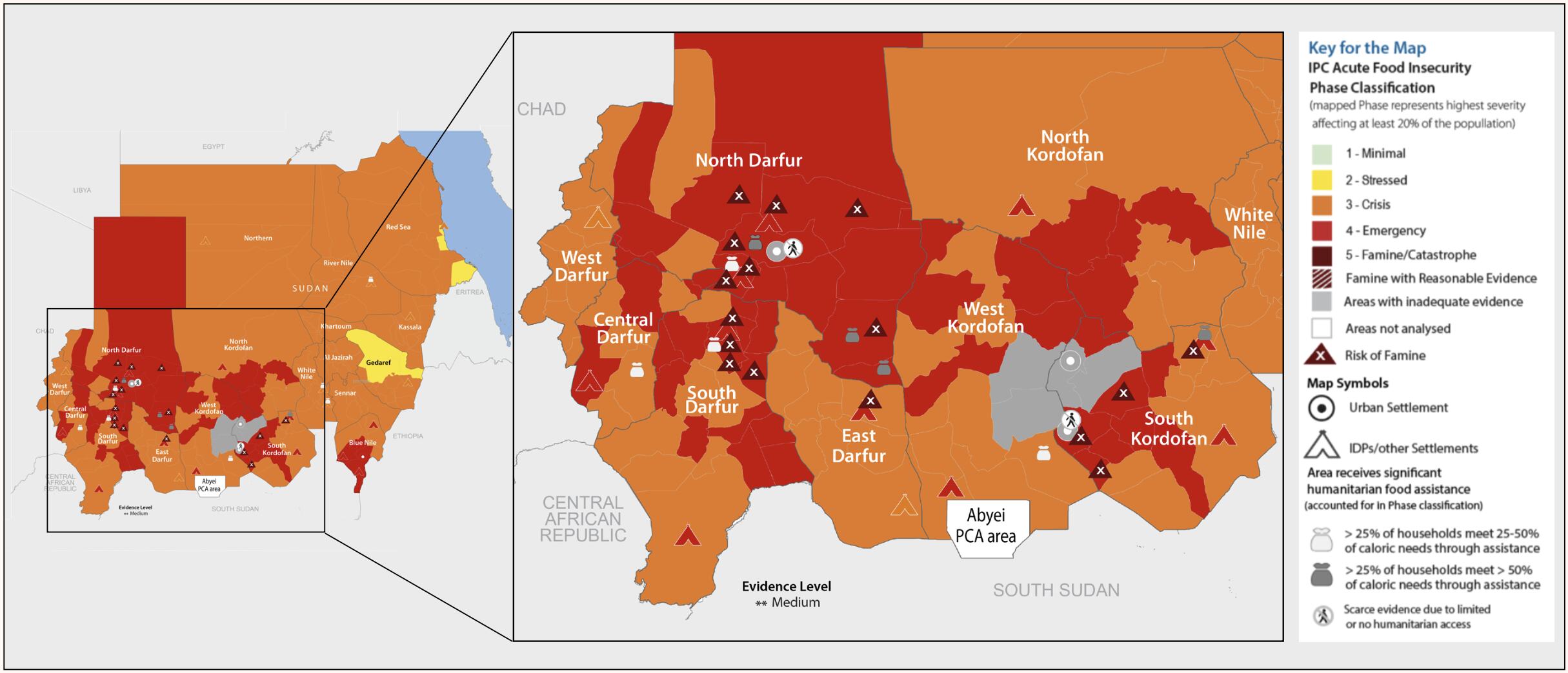 A map showing projected food insecurity in in Sudan. Nearly the entire country is projected at IPC Phase 4 Emergency or IPC Phase 5 Catastrophe.