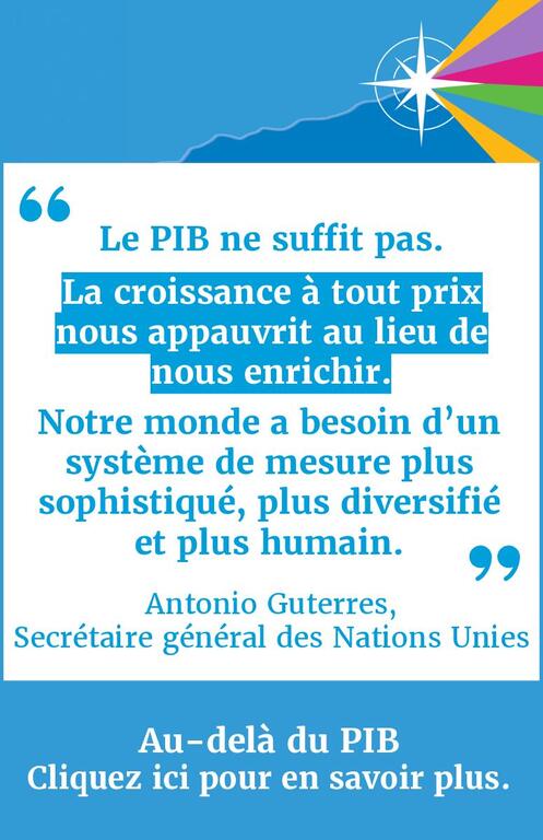 Un graphique présentant une citation du secrétaire général de l'ONU, António Guterres, en français, critiquant le PIB comme la seule mesure du progrès et plaidant pour un système plus sophistiqué, diversifié et humain.