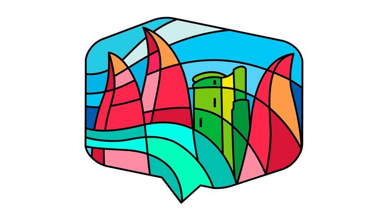 Красочный абстрактный логотип WUF13 Habitat в Баку, с изображением стилизованных парусных лодок и городских зданий в окрашенном стекле в форме речевого пузыря.