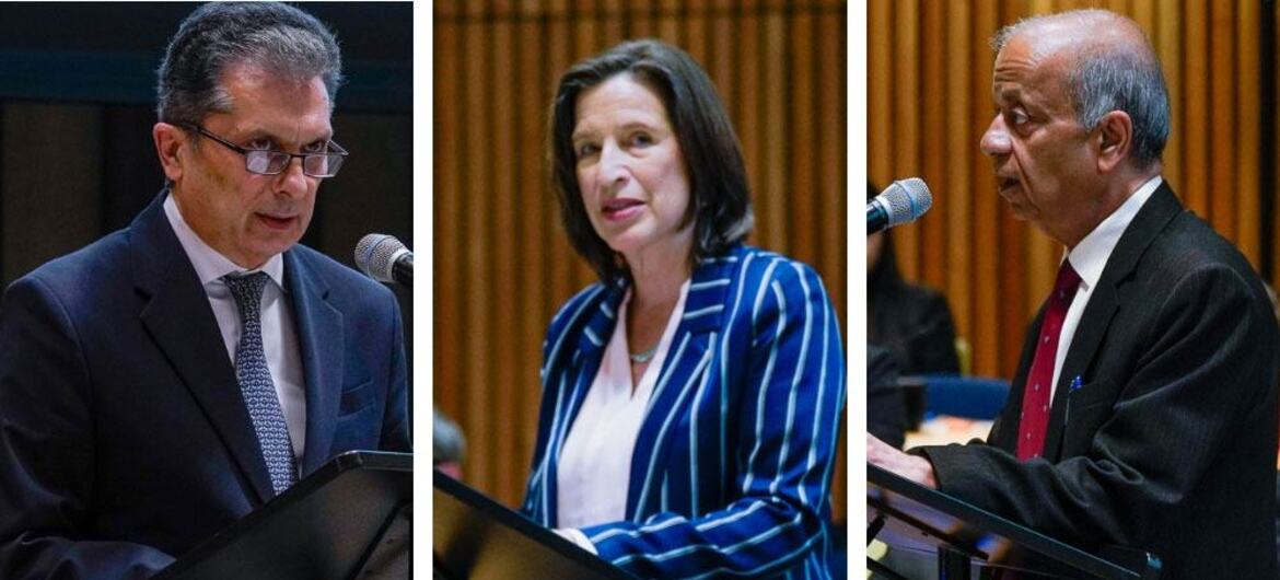 这是一张由三张照片组成的拼贴画，展示了中国语言日活动期间不同演讲者在讲台上的场景，并附有美国副国务卿的致辞。