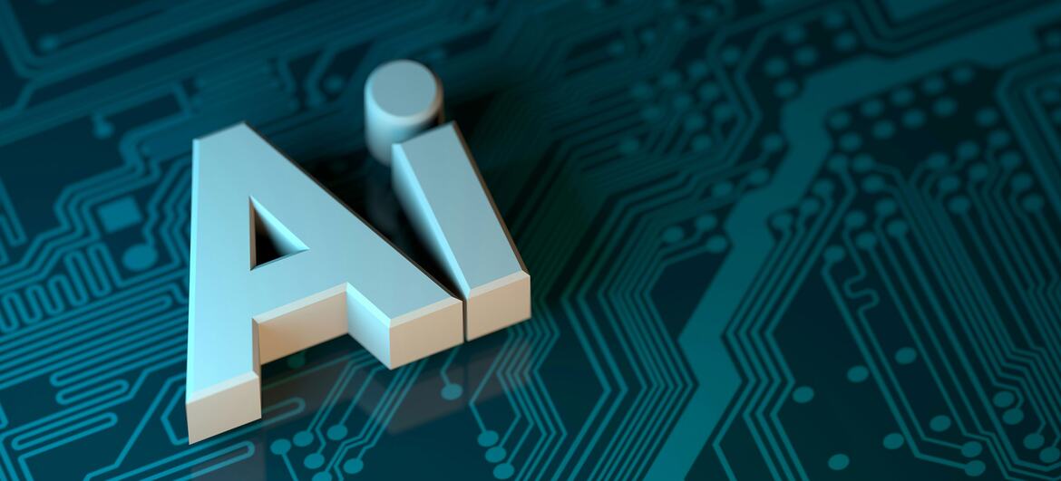 Des lettres "AI" rendues en 3D placées sur une carte de circuit imprimé, symbolisant l'intelligence artificielle et la technologie.