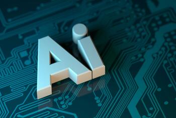 Barua za 3D-rendered 'AI' zilizowekwa kwenye bodi ya mzunguko, ikiwakilisha akili ya bandia na teknolojia.