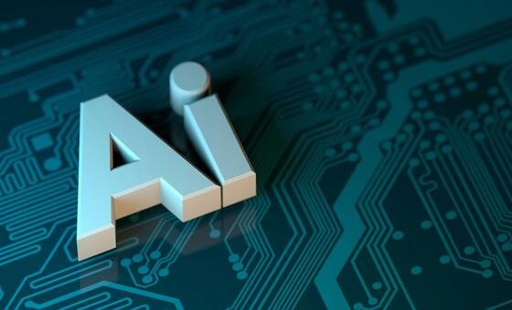 在电路板上放置3D呈现的"AI"字母,象征人工智能和技术.