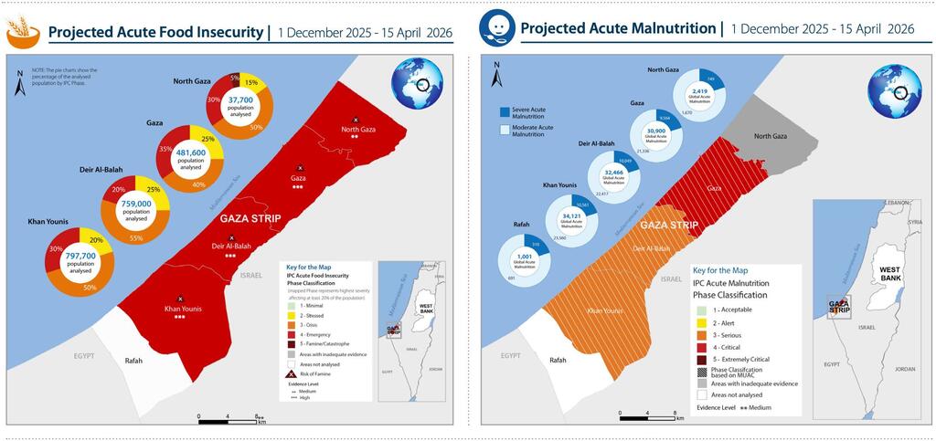 A composite graphic showing two maps with projected acute food insecurity and acute malnutrition in the Gaza Strip. Please refer to the IPC website at https://www.ipcinfo.org/ipcinfo-website/countries-in-focus-archive/issue-142/en/ for detailed information in text.