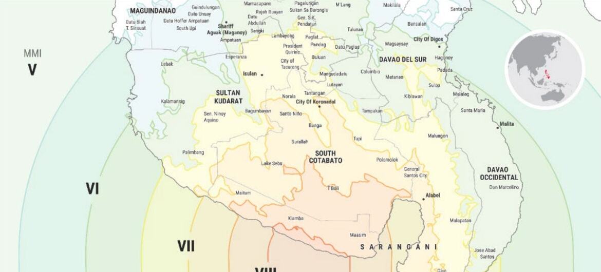 Mapa do sul das Filipinas mostrando o impacto de um terremoto de magnitude 7,8 que atingiu a província de Sarangani em 8 de junho de 2026, com pontos vermelhos indicando réplicas.
