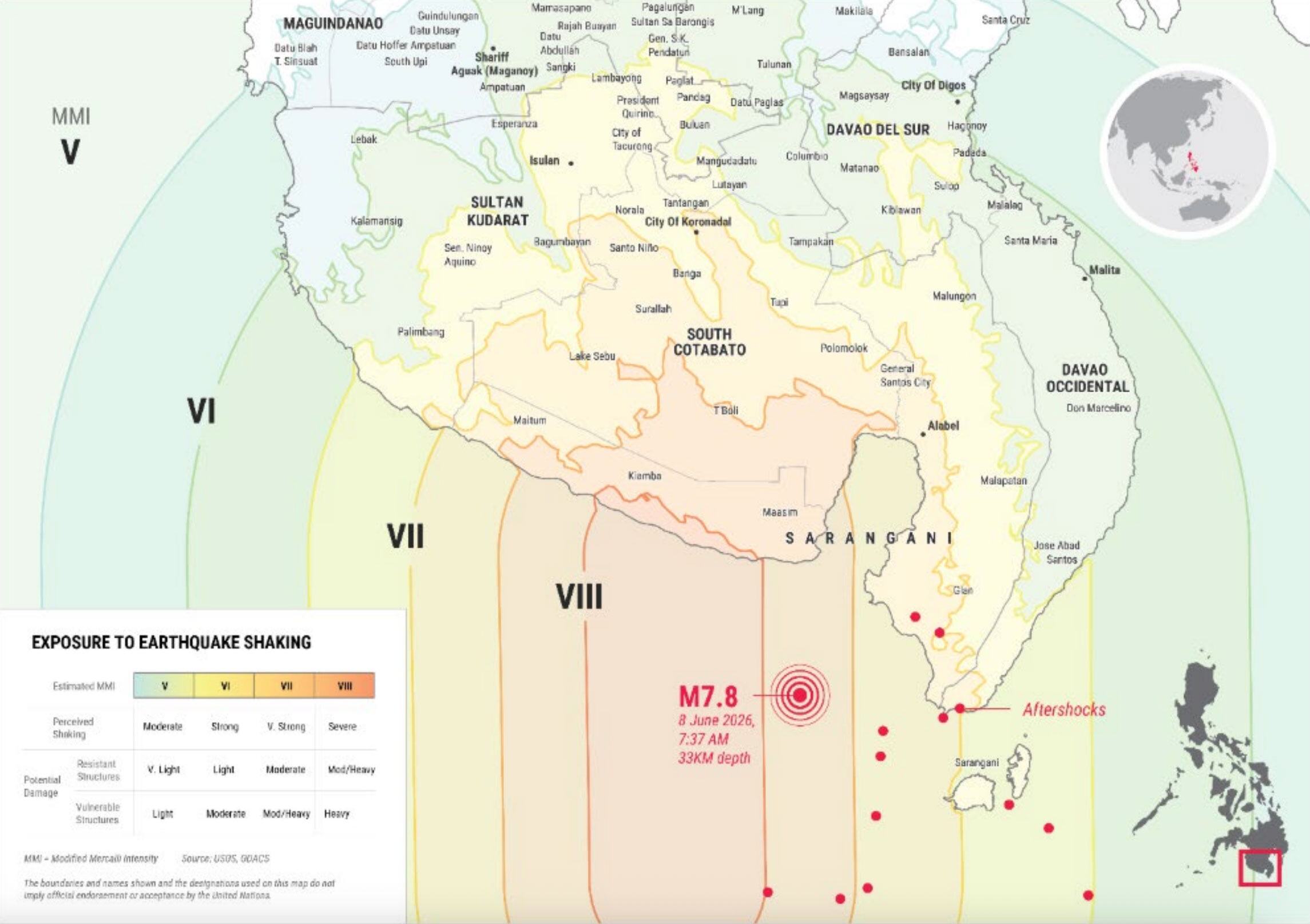 Map of the southern Philippines showing the impact of a magnitude 7.8 earthquake that struck Sarangani province on June 8, 2026, with red dots indicating aftershocks.