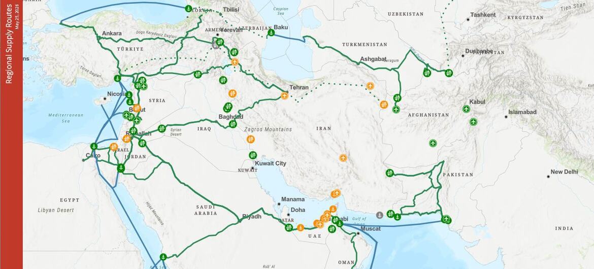 Mapa das Rotas Regionais de Abastecimento mostrando a rede logística humanitária no Oriente Médio, Afeganistão e África Oriental, datado de 25 de maio de 2026.