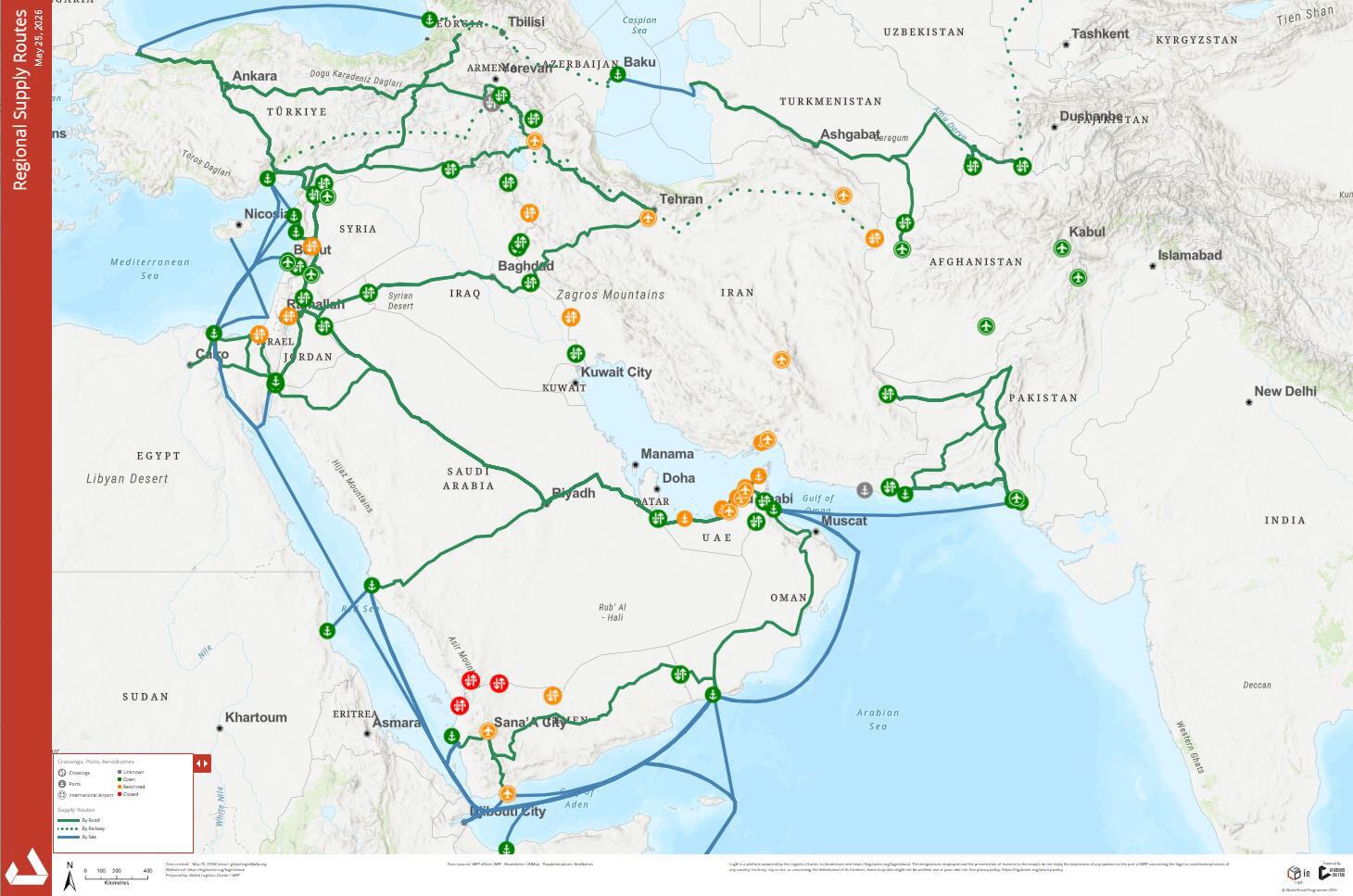 Regional Supply Routes map showing humanitarian logistics network across the Middle East, Afghanistan, and East Africa, dated May 25, 2026.