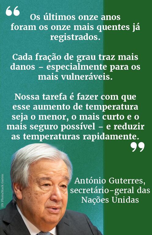 Cartão de citação de António Guterres, Secretário-Geral da ONU , sobre alterações climáticas em português.