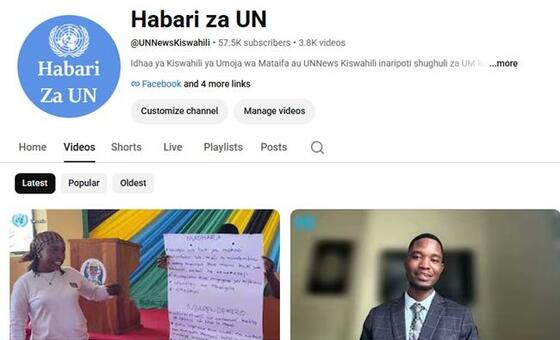 Ukurasa wa kituo cha YouTube cha Habari za UN, unaoangazia vijipicha vya video vya mzungumzaji katika UN na mwanamume aliyevaa suti.