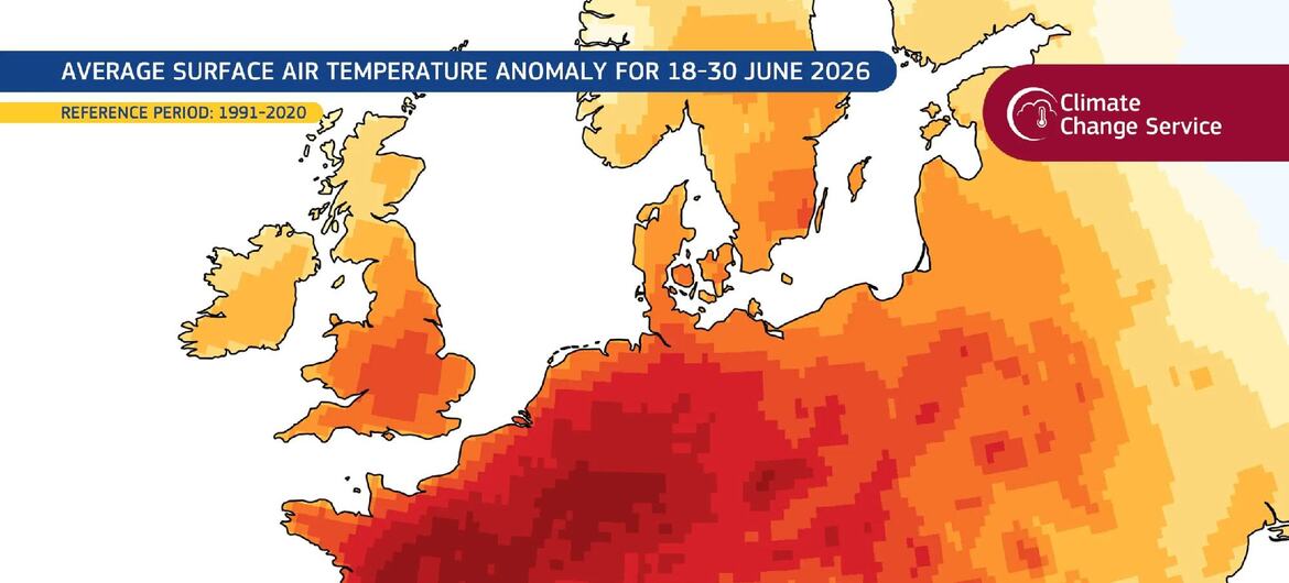 Mapa que muestra la anomalía de la temperatura media del aire en superficie en toda Europa para junio de 2026, publicado por el Servicio de Cambio Climático de Copernicus.