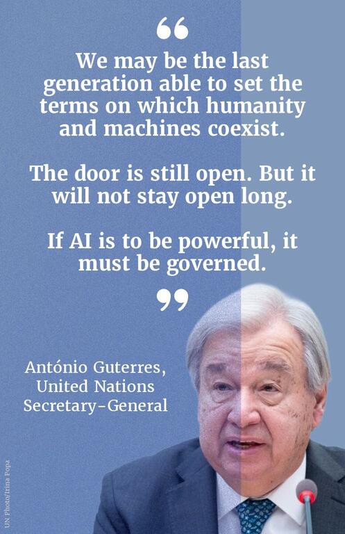 A quote card featuring António Guterres, UN Secretary-General, with a quote about the need to govern artificial intelligence.