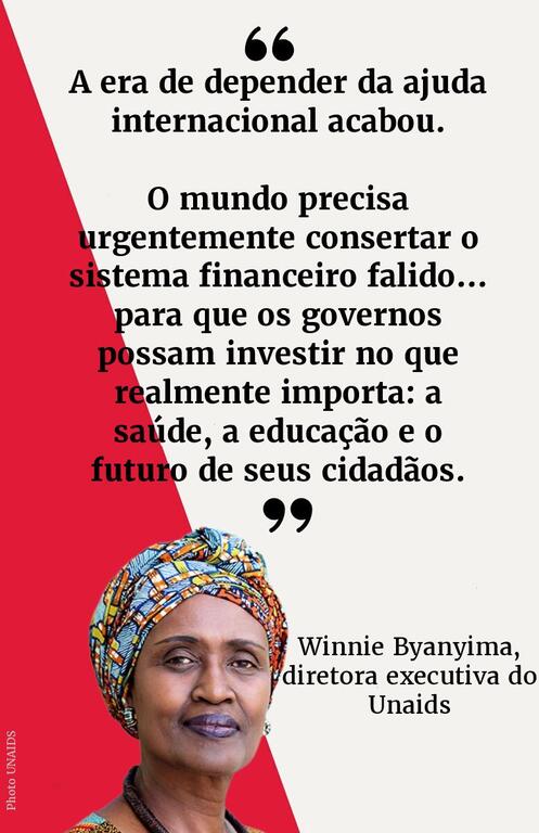 Cartão com citação de Winnie Byanyima, diretora executiva da UNAIDS, discutindo o fim da ajuda internacional e a necessidade de os governos investirem em saúde, educação e no futuro de seus cidadãos.