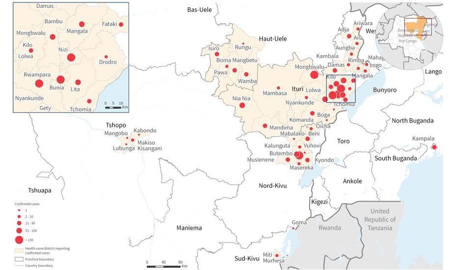 A map showing the Democratic Republic of the Congo and Uganda with red dots indicating confirmed cases of Ebola disease. A legend on the left details the number of cases represented by different dot sizes.