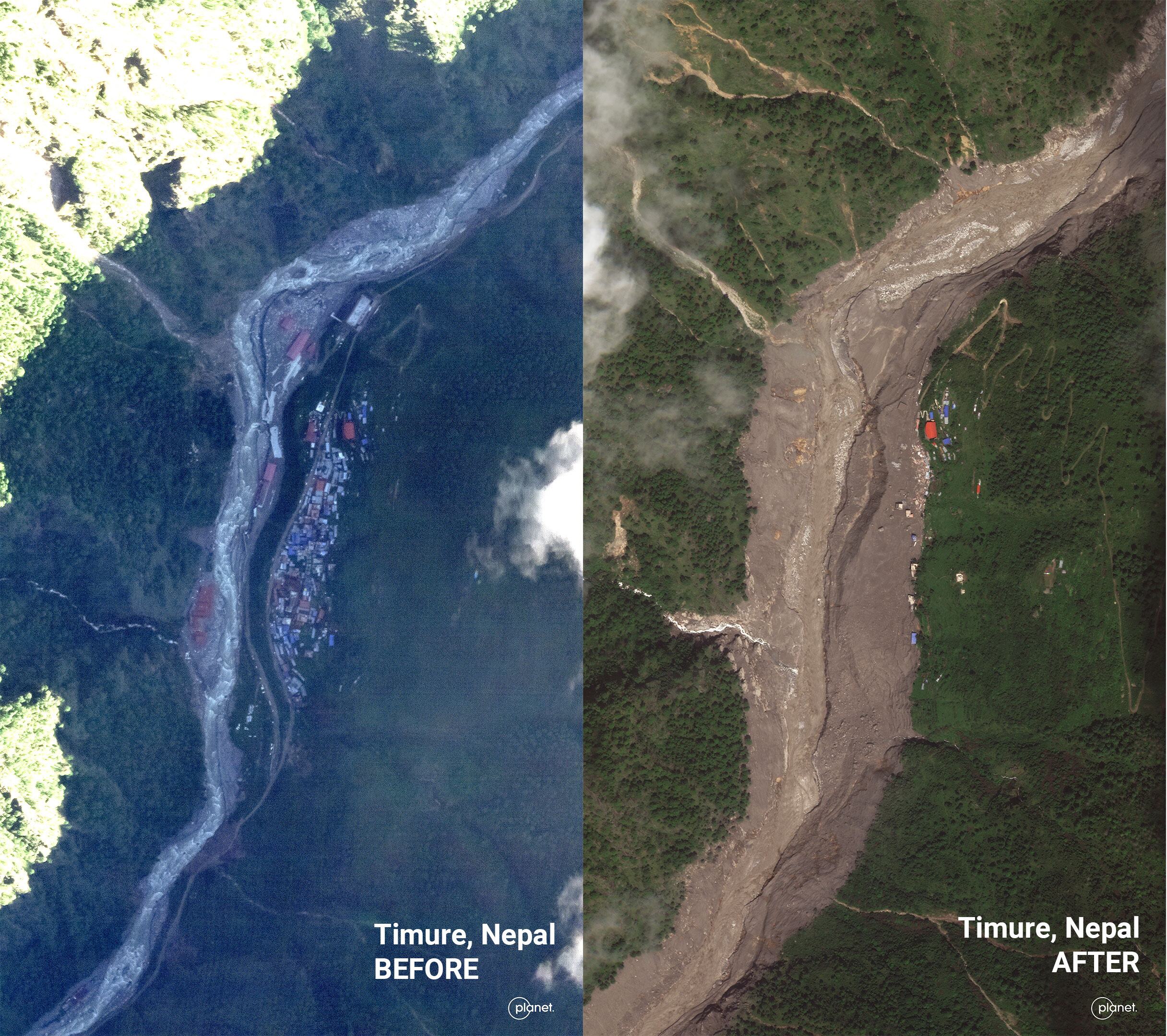 Side-by-side satellite images showing the Timure area in Nepal before and after a major flood and mudslide, with the village visible on the left panel buried by sediment on the right.