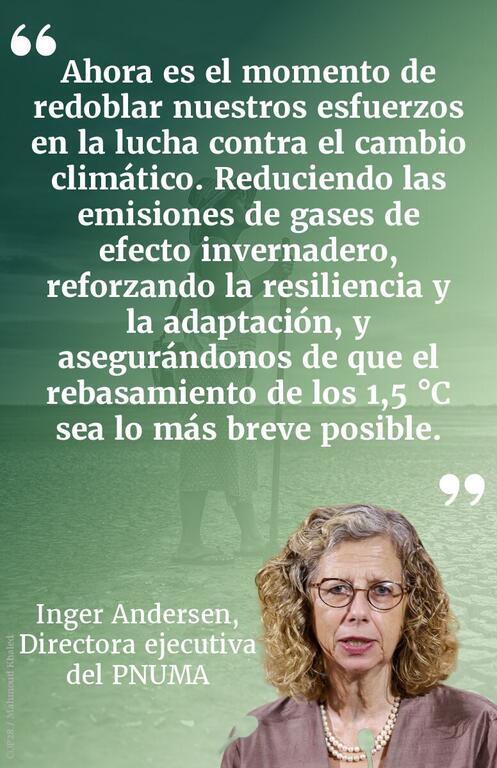 Retrato de Inger Andersen, Directora Ejecutiva del PNUD (PNUMA), con gafas y un collar de perlas en la COP26 en Glasgow, con una cita en español sobre los esfuerzos contra el cambio climático.