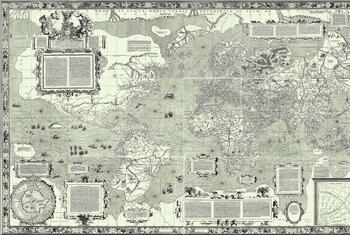 Carte du monde ancienne du XVIIe siècle en projection Mercator, dans des tons de vert et crème discrets, montrant tous les continents avec des bordures gravées, de multiples cartouches de texte, une rose des vents en bas à gauche et une petite carte en encart en bas à droite.