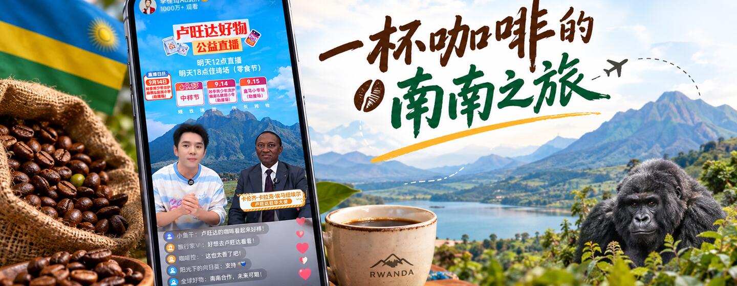 一部智能手机屏幕上显示着一个直播应用程序，画面中有一名年轻的亚洲男子和一名卢旺达男子，旁边还有卢旺达国旗、装在粗麻布袋里的咖啡豆、一个写着“卢旺达”的马克杯、一片山地湖泊景观，以及右侧的一只大猩猩。