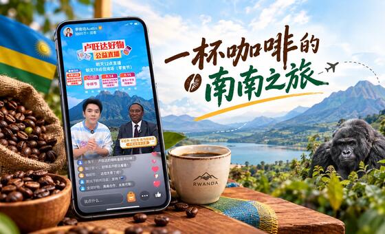 一部智能手机屏幕上显示着一个直播应用程序，画面中有一名年轻的亚洲男子和一名卢旺达男子，旁边还有卢旺达国旗、装在粗麻布袋里的咖啡豆、一个写着“卢旺达”的马克杯、一片山地湖泊景观，以及右侧的一只大猩猩。