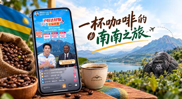 一部智能手机屏幕上显示着一个直播应用程序，画面中有一名年轻的亚洲男子和一名卢旺达男子，旁边还有卢旺达国旗、装在粗麻布袋里的咖啡豆、一个写着“卢旺达”的马克杯、一片山地湖泊景观，以及右侧的一只大猩猩。