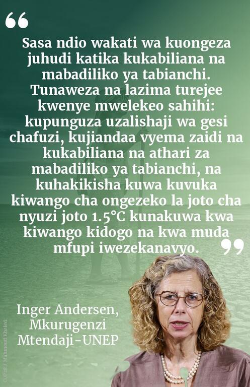 Kadi ya nukuu inayomshirikisha Inger Andersen, Mkurugenzi Mtendaji UNEP , yenye nukuu ya lugha ya Kiswahili kuhusu mabadiliko ya hali ya hewa na kizingiti cha ongezeko la joto la nyuzi joto 1.5, iliyowekwa dhidi ya mandhari ya kijani kibichi.