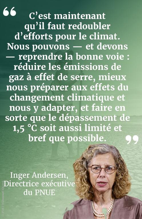 Portrait d'Inger Andersen, directrice exécutive du Programme des ONU pour l'environnement (PNUE), sur fond vert où l'on aperçoit des éoliennes et des panneaux solaires. Une citation en français, en gros caractères blancs, exhorte à redoubler d'efforts pour limiter le réchauffement climatique à 1,5 °C.