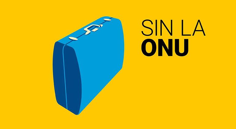 Ilustración plana de una maleta azul sobre un fondo amarillo brillante con texto en español en negrita y negro que dice SIN LA ONU.