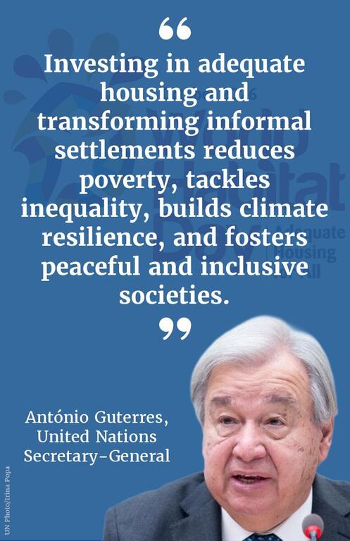 Blue quote graphic with white text about housing investment and informal settlements, attributed to António Guterres, United Nations Secretary-General, beside his head-and-shoulders photo.