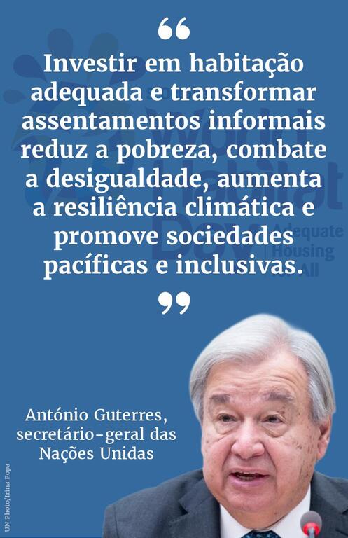 António Guterres, Secretário-Geral da ONU , aparece num cartão azul com uma declaração portuguesa sobre o investimento em habitação adequada e a transformação de assentamentos informais.