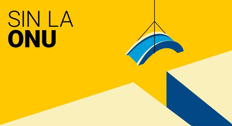 Banner web español con el texto SIN LA ONU en negro sobre amarillo, con un emblema curvo azul y blanco suspendido sobre formas geométricas beige y azul oscuro.