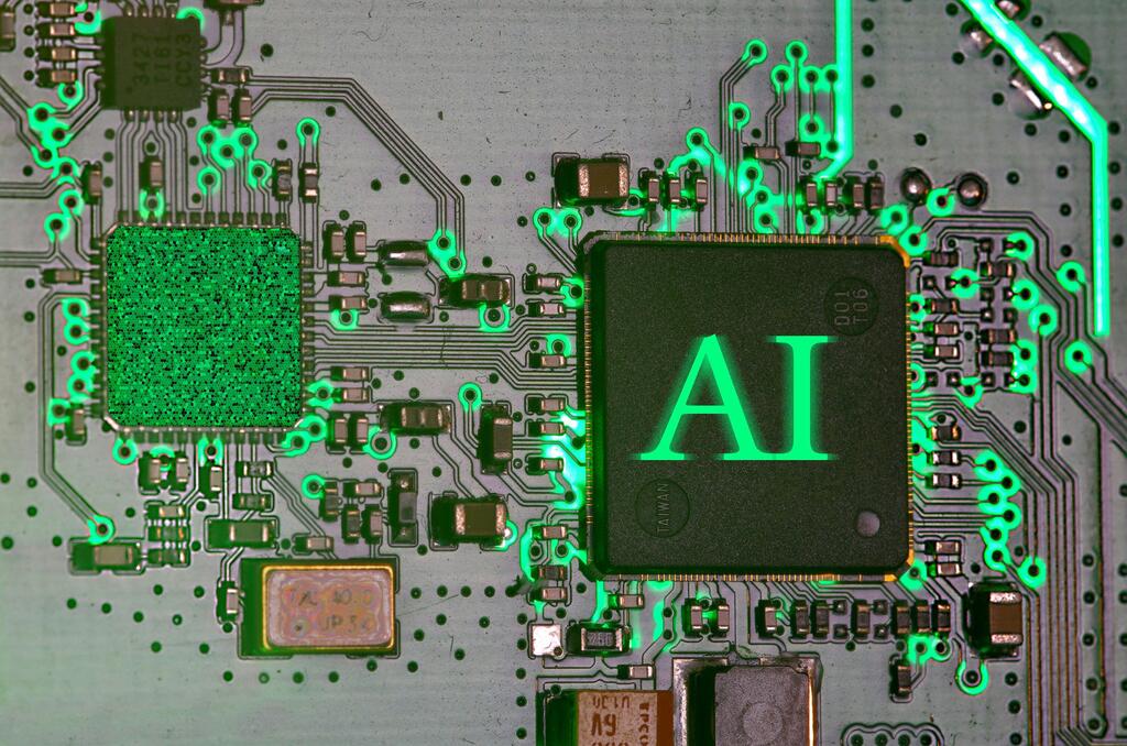 Close-up of an illuminated artificial intelligence chip on a computer board with green lighting.