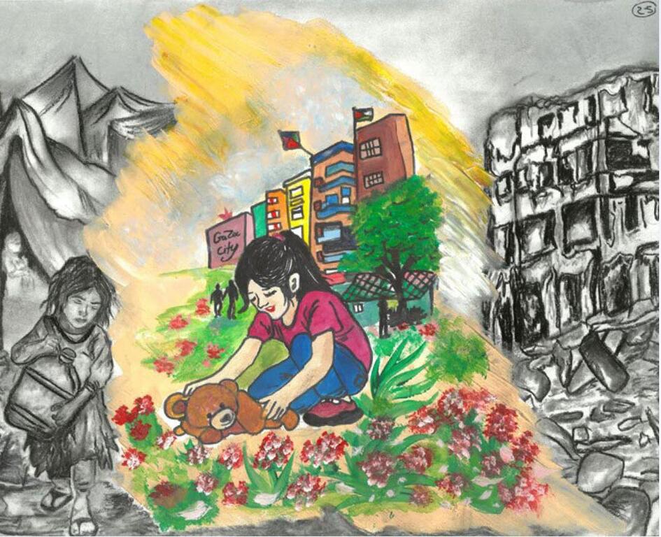Un niño en Gaza juega con un osito de peluche en medio de flores y un paisaje urbano lleno de esperanza, simbolizando una súplica por la paz, las escuelas y una infancia restaurada.