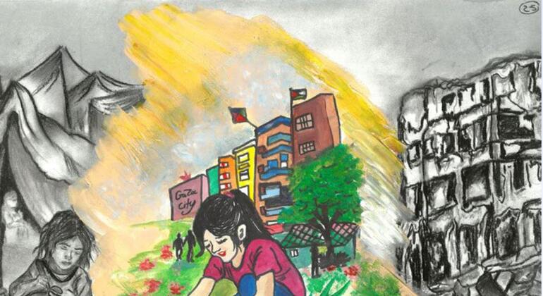गाजा में एक बच्चा फूलों और एक आशाजनक शहर के परिदृश्य के बीच एक टेडी बियर के साथ खेलता है, जो शांति, स्कूलों और एक बहाल बचपन की अपील का प्रतीक है।
