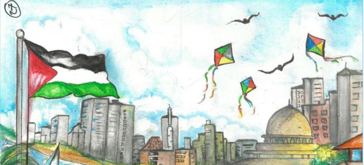 A colorful drawing depicting a lively scene in Gaza, featuring children playing, flying kites, and interacting in a park with a river, bridge, and Palestinian flag in the background.
