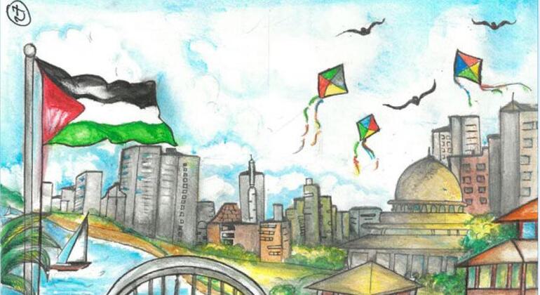 एक रंगीन चित्र जो गाजा में एक जीवंत दृश्य को दर्शाता है, जिसमें बच्चे खेल रहे हैं, पतंग उड़ाते हैं, और पृष्ठभूमि में नदी, पुल और फिलिस्तीनी ध्वज के साथ एक पार्क में बातचीत कर रहे हैं।