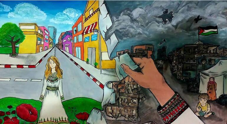 رسمة قوية رسمها طفل فلسطيني تصور تناقضًا بين مستقبل نابض بالحياة وامل مع المدارس والأشجار والشوارع النظيفة والحاضر المدمر مع الأنقاض والطائرات الحربية والعلم. يمسك يد الطفل قطعة من العالم المدمر، مما يرمز إلى نداء لاستعادة طفولته.